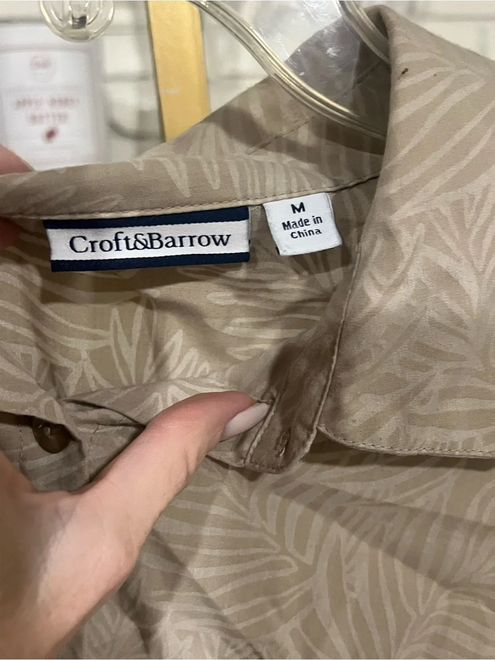croft & barrow Beige Leaf-Print Casual Button-Down Shirt